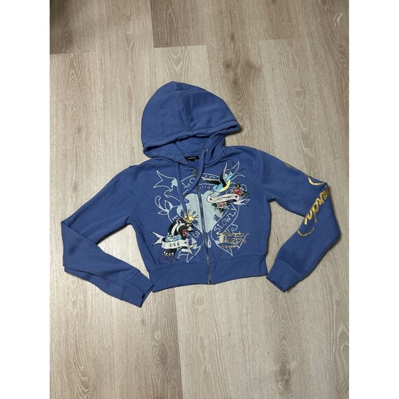Ed Hardy Jackets & Blazers - Ed Hardy Free Bird Cropped Zip Up Graphic Front and Back Hoodie sz Medium